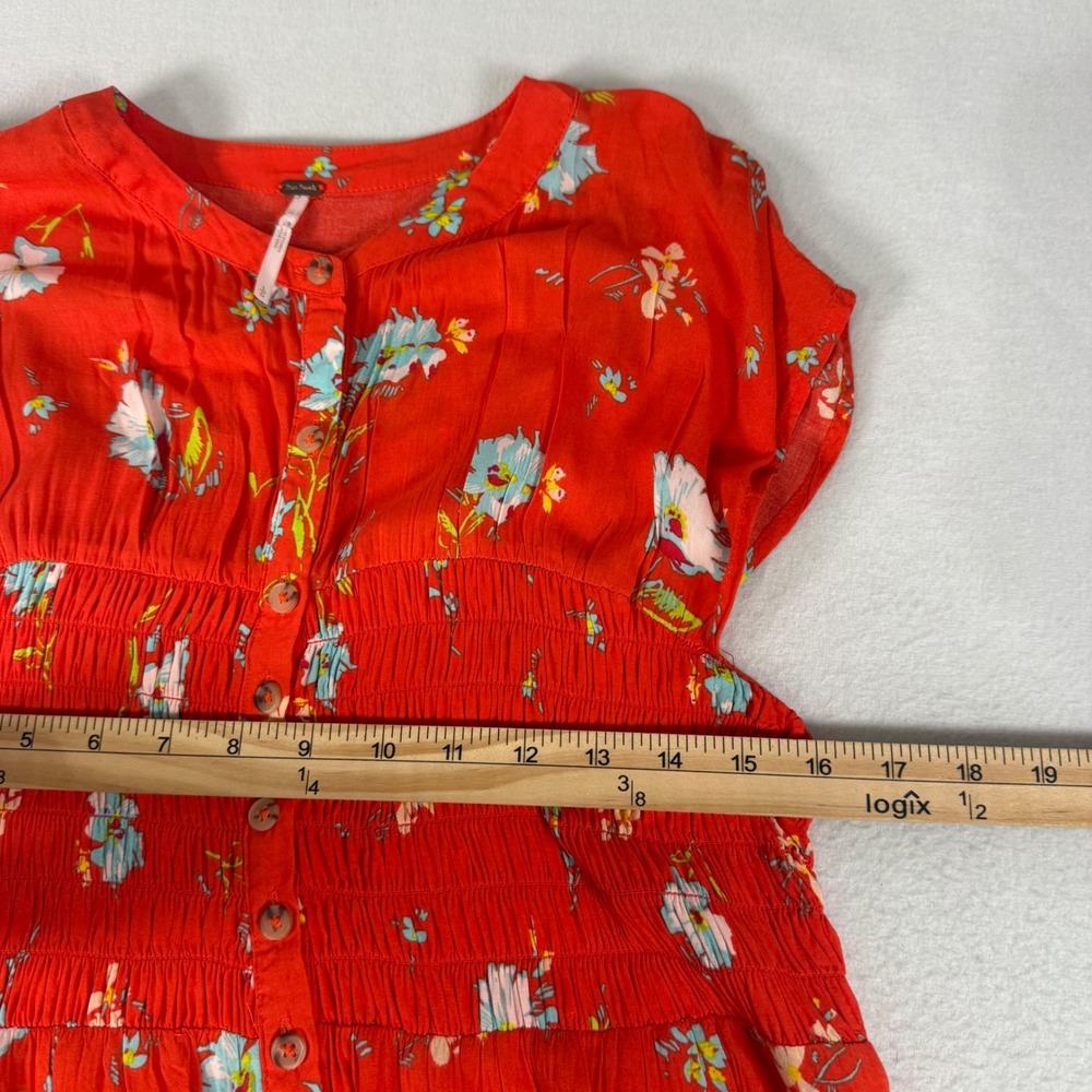 Free People Floral Dress Womens Large Red Rayon Boho Smocked Button Front Summer - Picture 5 of 9